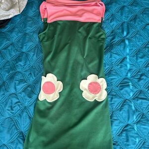 Green Dress with Pink and White Floral Accents retro 60s
